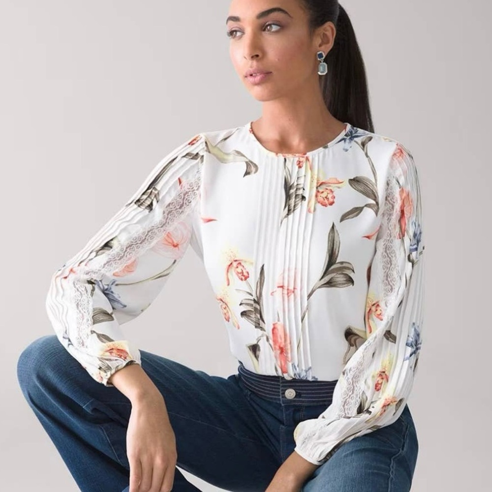 NWT White House Black Market Pintuck Lace Trim Blouse